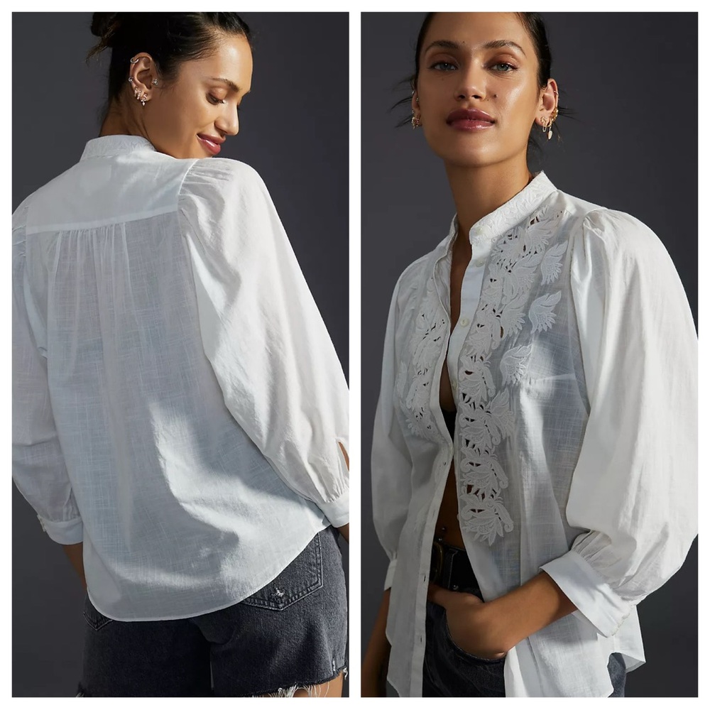 NWOT By Anthropologie Bella Cutwork Buttondown Shirt Top Cotton White XS